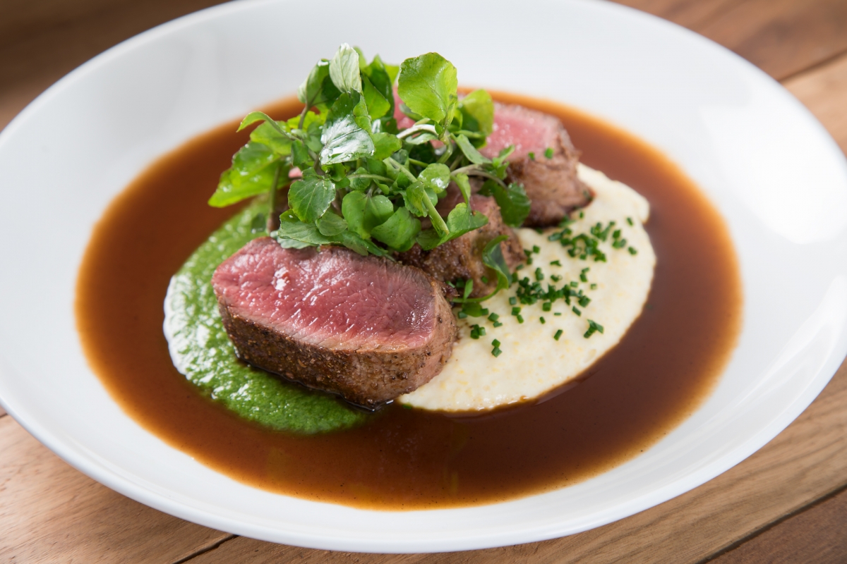 Lamb medallions with watercress puree and polenta