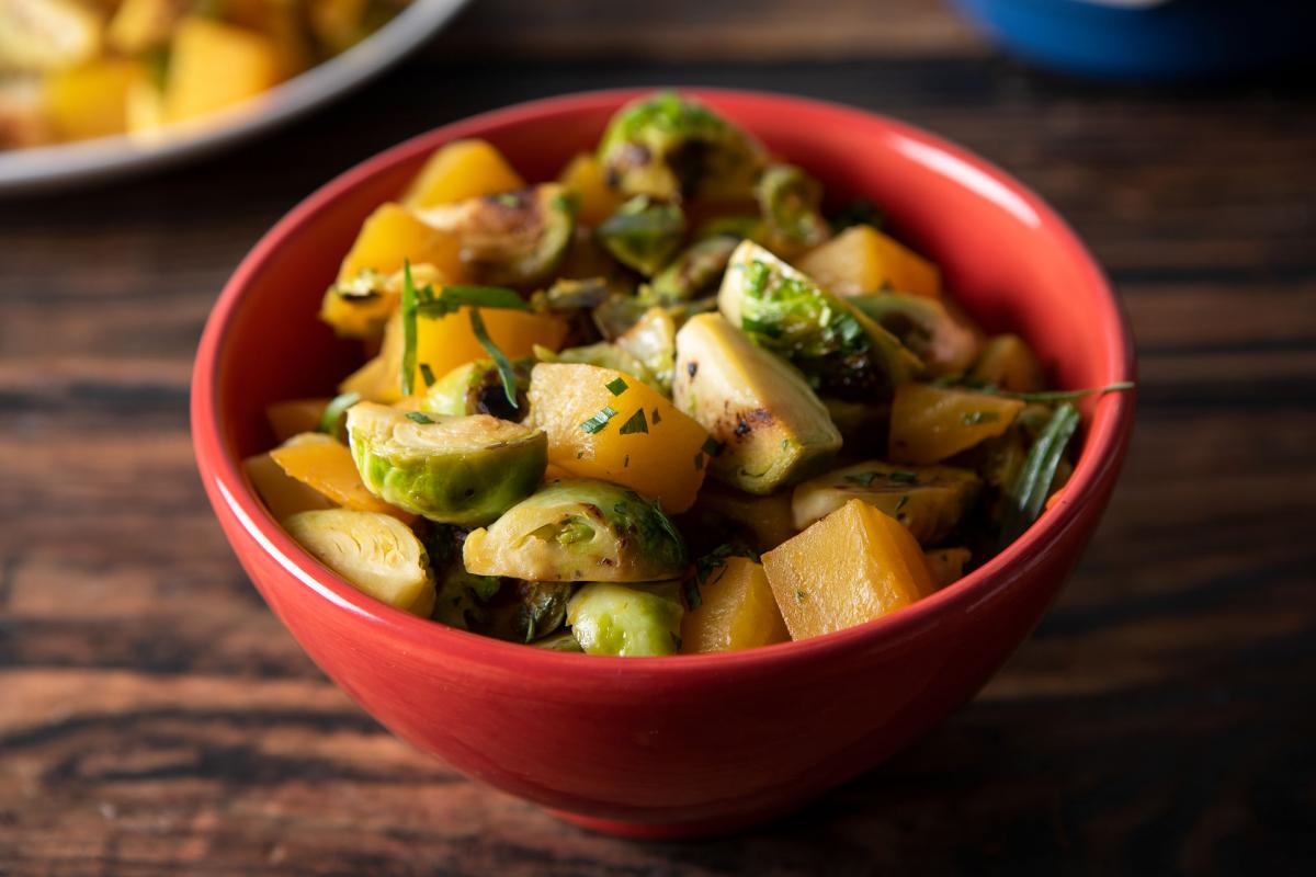 caramelized brussels sprouts with golden beets
